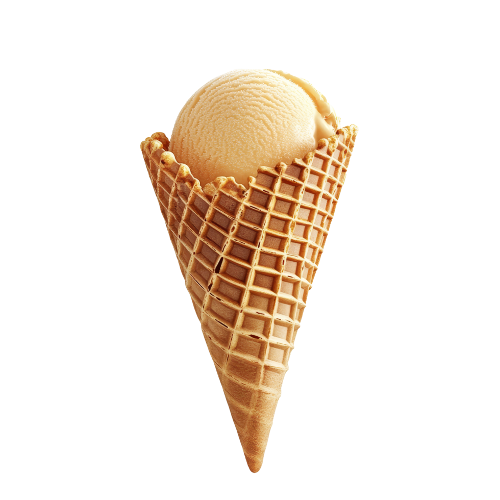 Unique angle of an empty waffle ice cream cone with a scoop of creamy vanilla ice cream against a bright background, different angle of empty waffle ice cream cone isolated on transparent background png