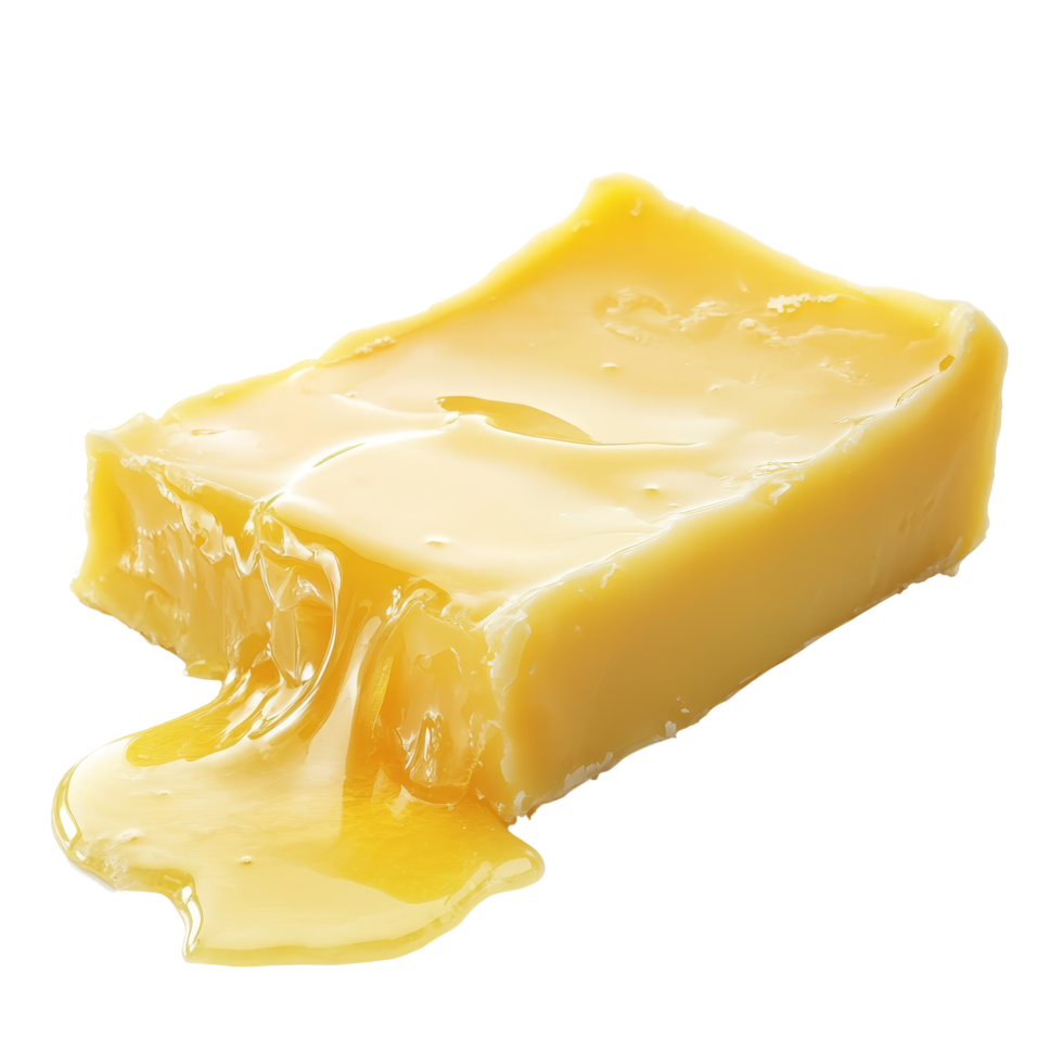 Melting butter slowly oozing on a reflective surface perfect for culinary presentations, A piece of melting butter isolated png
