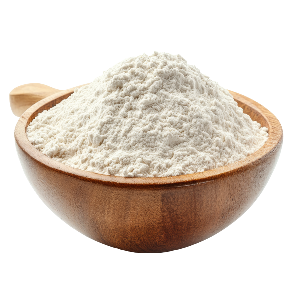 A wooden bowl filled with flour placed on a transparent surface for cooking preparation, bowl of flour isolated on transparent background png