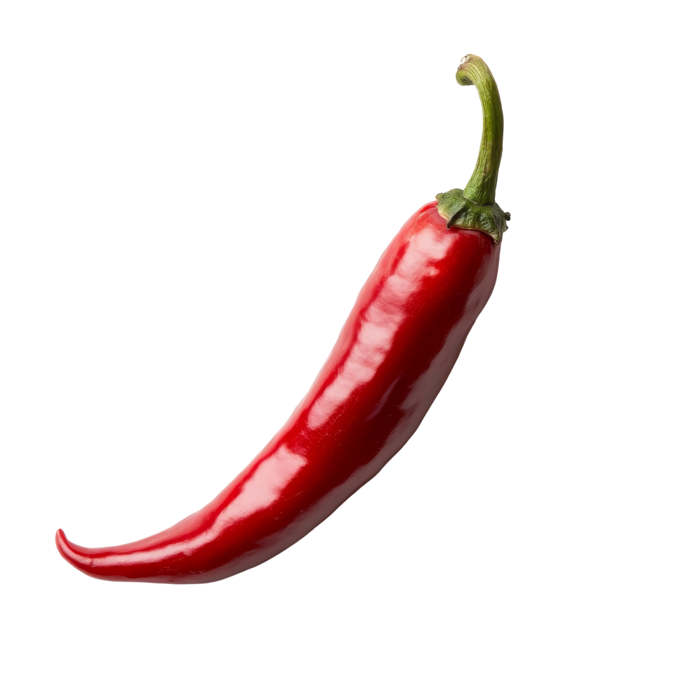 A bright red chili pepper on a clean, transparent background showcasing its vibrant color and smooth texture, single red chili transparent background png