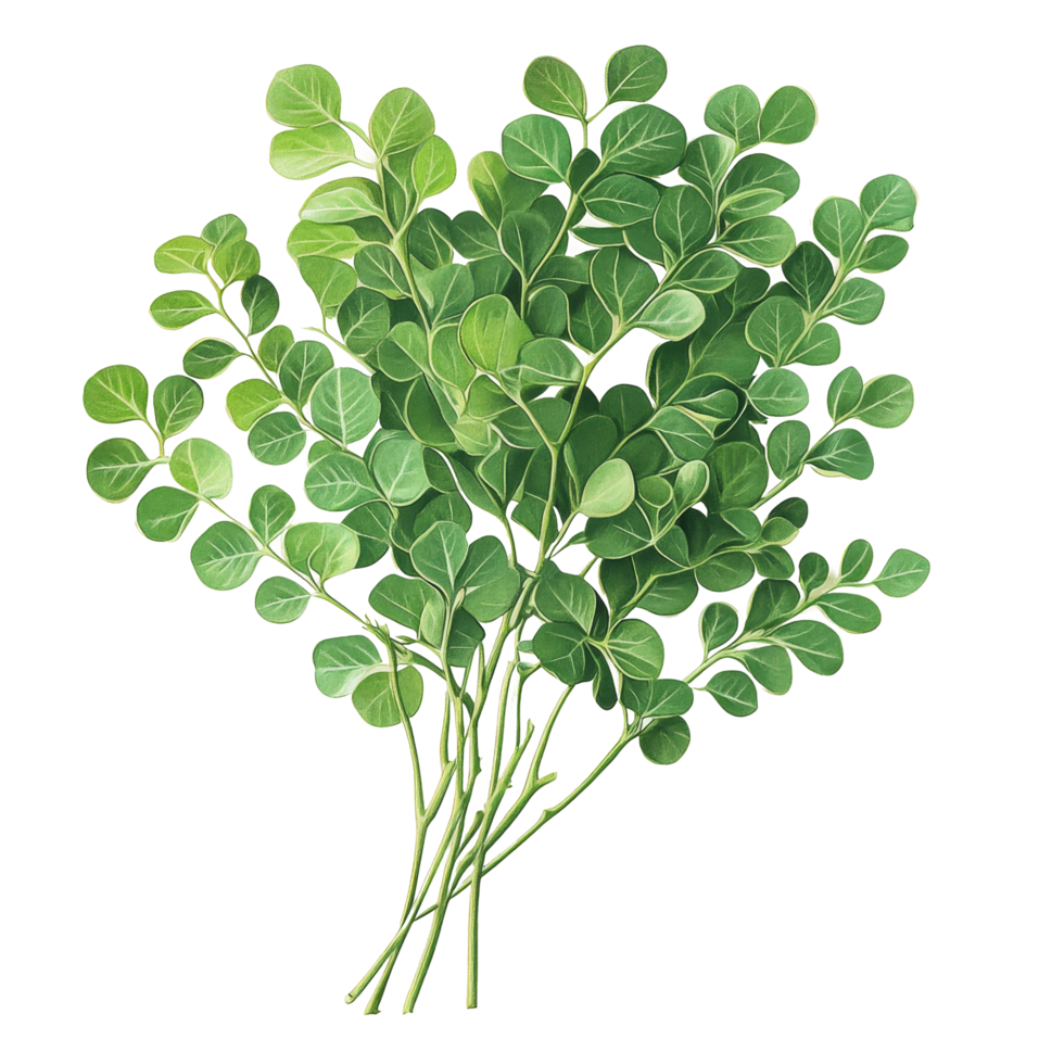 Fresh moringa leaves arranged attractively on a clean transparent background showcasing their vibrant greenery, moringa on transparent background png