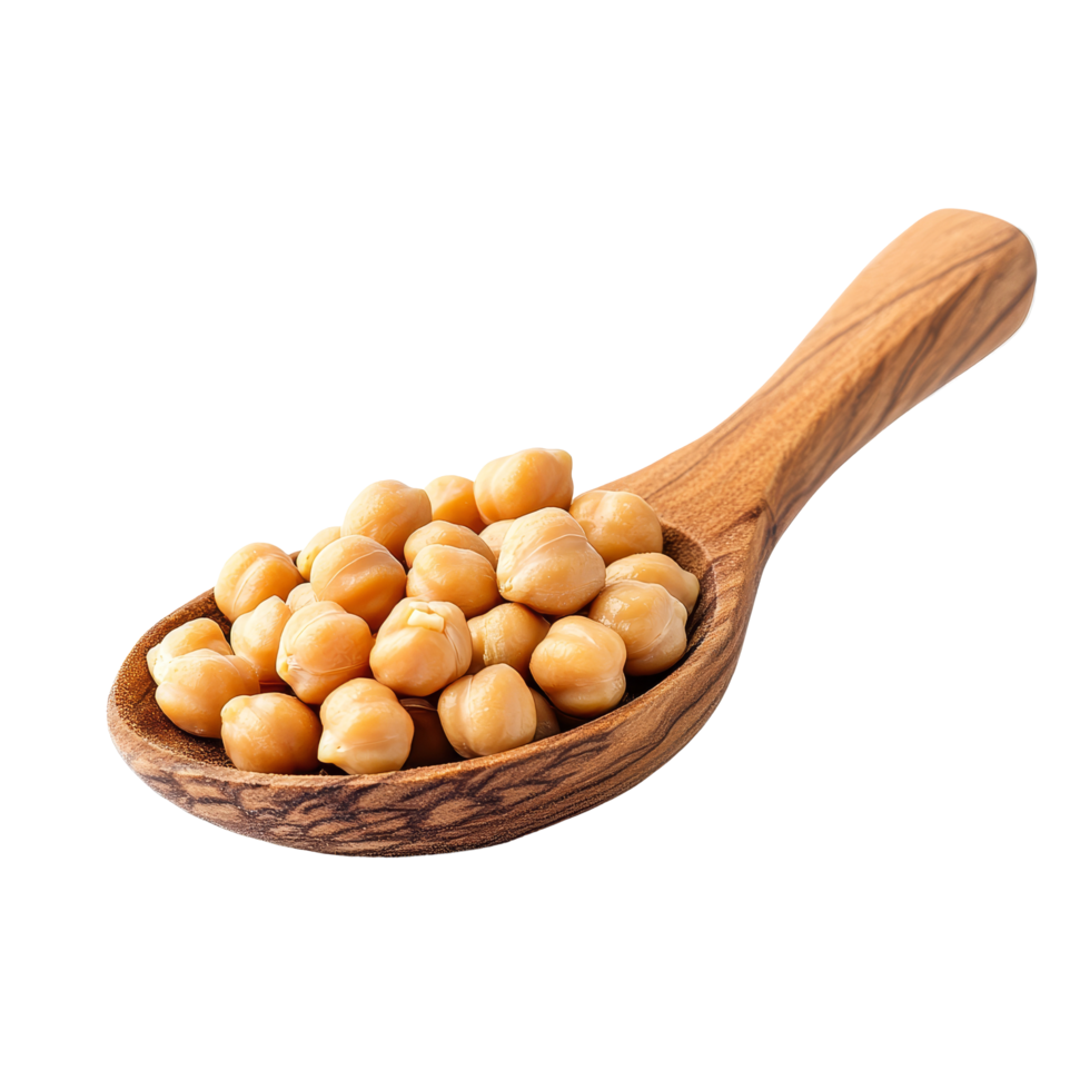 Chickpeas in a wooden spoon isolated on a transparent background highlighting their natural color and texture, chickpeas in wood spoon isolated on transparent background png