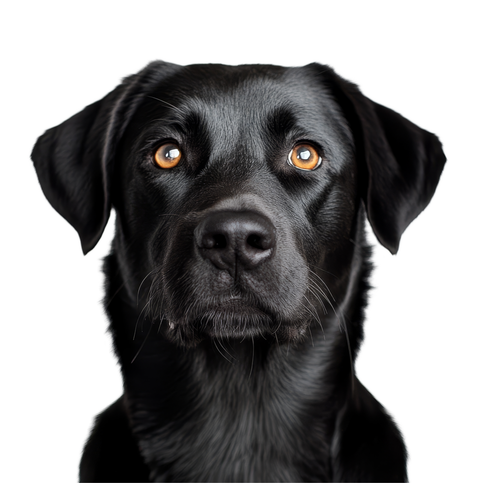 A closeup of an attentive black dog with expressive eyes against a transparent background, black dog on transparent background png