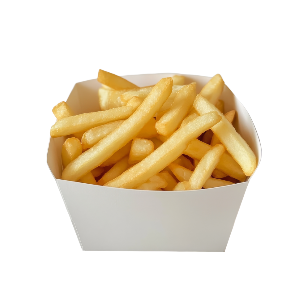 A tempting view of golden french fries served in a simple transparent paper box on a clean surface, Front view of french fries in a transparent paper box png