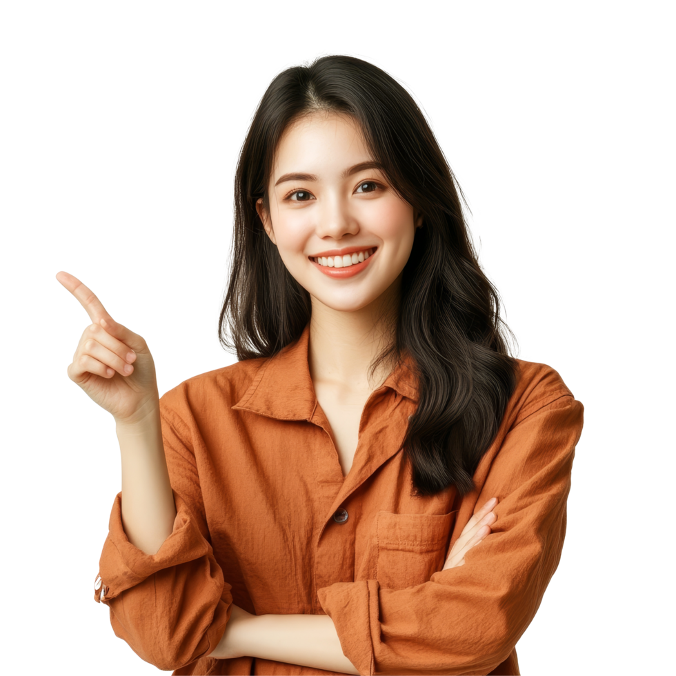 Cheerful Asian woman smiling while pointing to the side in natural light setting, Asian Smiling woman pointing finger to the side with copy space isolated transparent background png