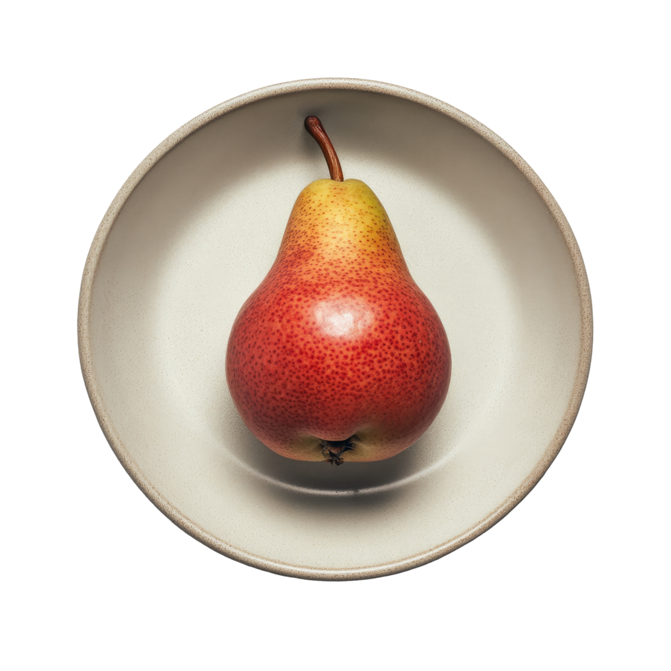 Fresh pear sitting on a simple plate against a clean transparent background, pear in a plate isolated on transparent background png
