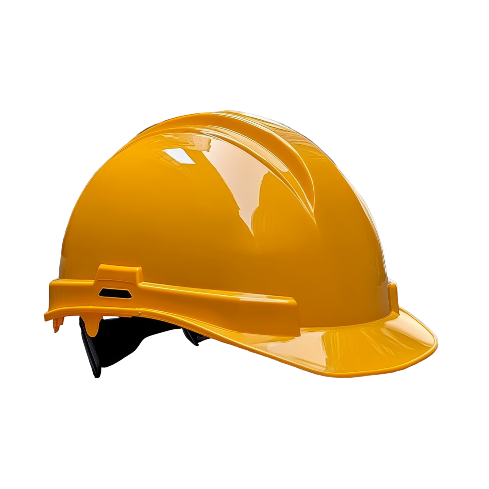 A bright yellow safety helmet positioned on a cobblestone path with a blurred background of a construction site, Side view of yellow safety helmet png