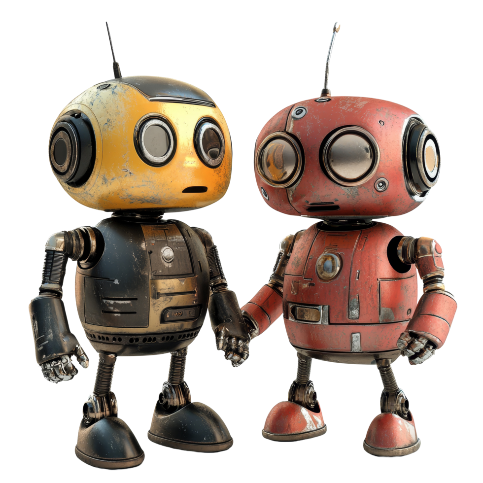 Friendly AI robots holding hands on a bright transparent background in a charming and playful interaction, Friendly AI Robots on transparent background png