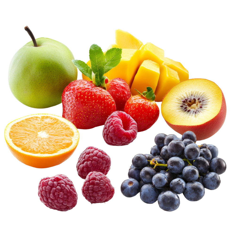 Fresh assortment of ripe fruits including apples, oranges, strawberries, and more on a transparent background, vegetables and fruits on transparent background png