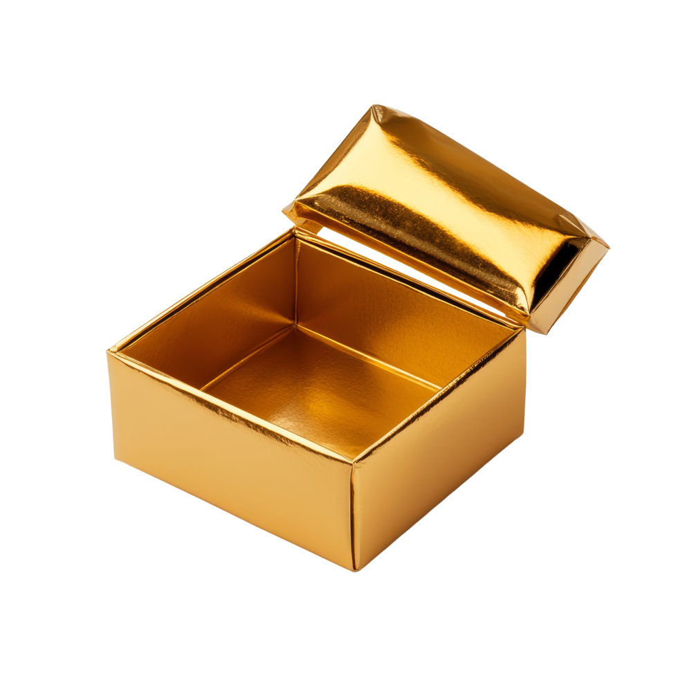 Elegant gold open gift box showcasing its reflective surface and spacious interior for special occasions, Gold open gift box isolated png