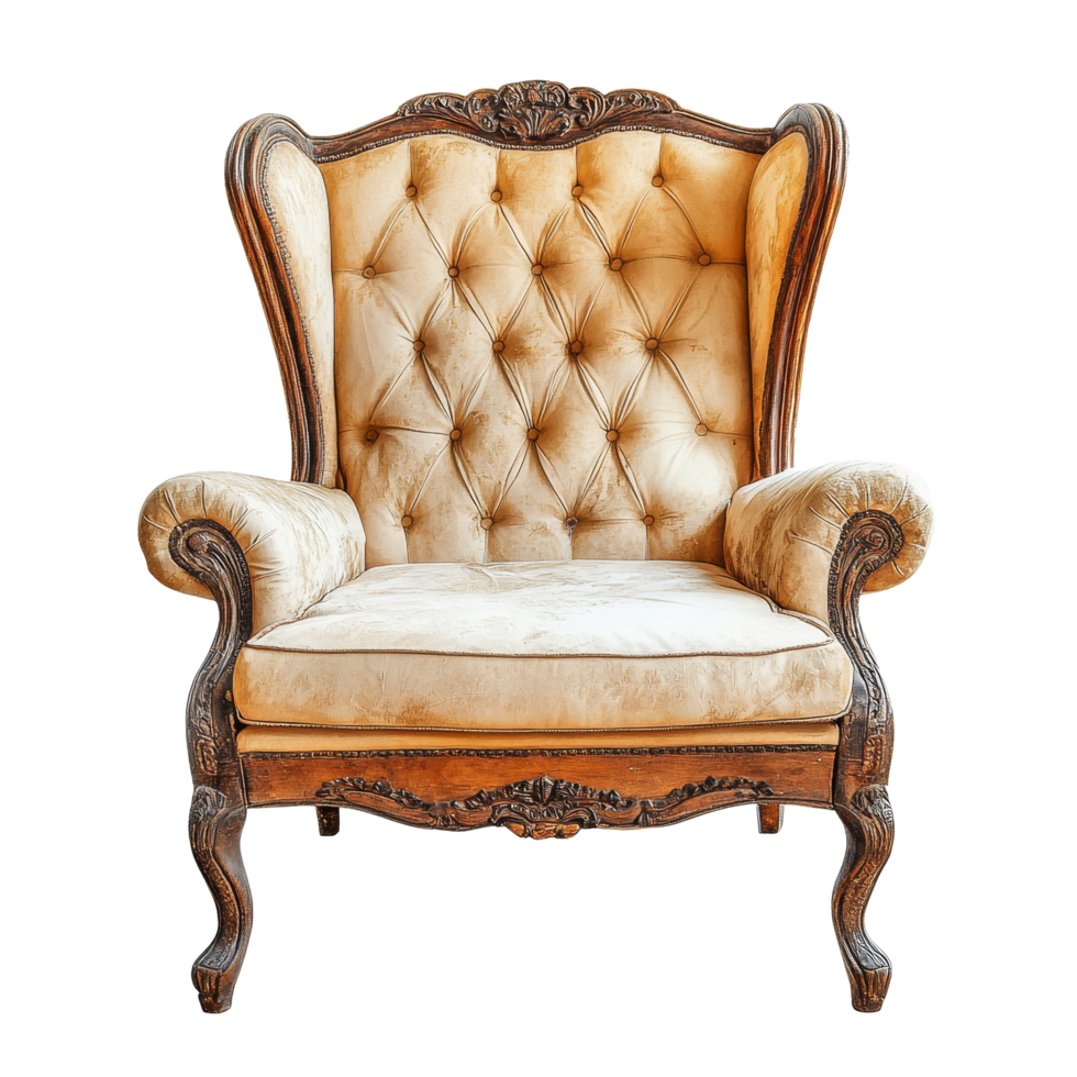 Antique armchair with intricate detailing and tufted upholstery against a transparent backdrop, antique armchair isolated on transparent png