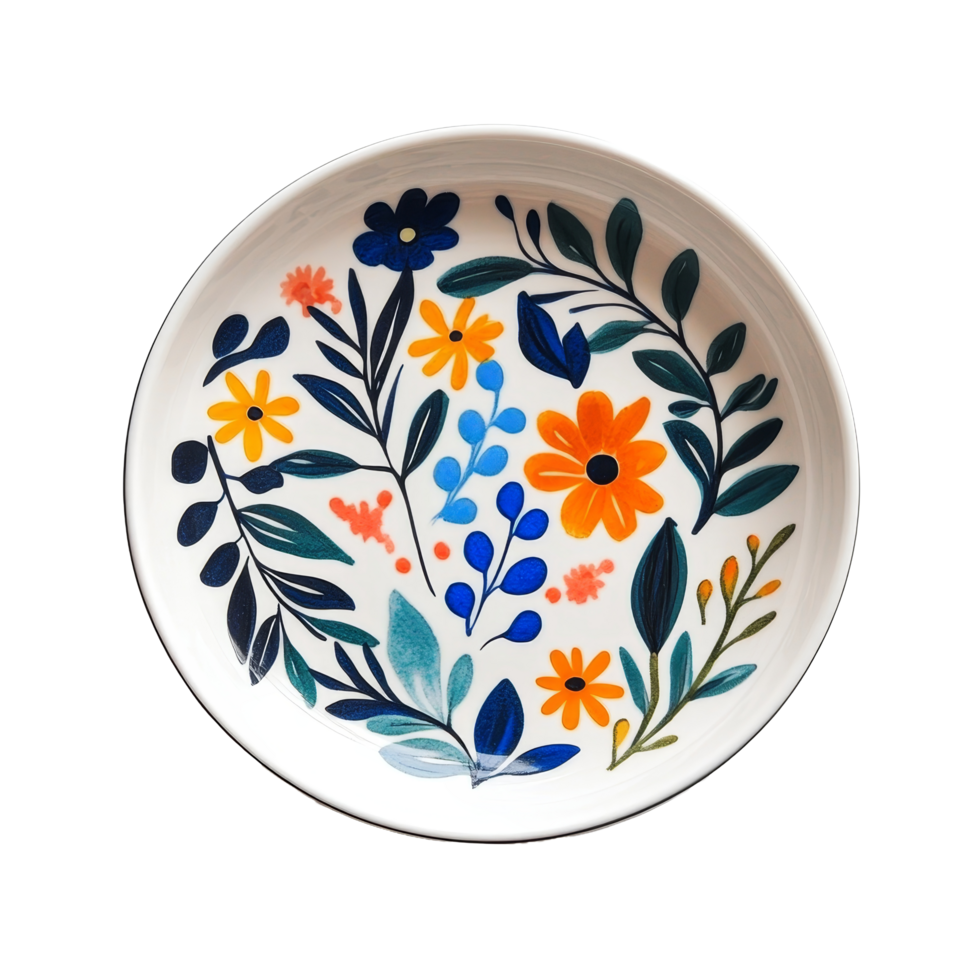 A beautifully crafted dish with colorful floral designs displayed on a transparent background, perfect for any table setting, red dish on transparent background png