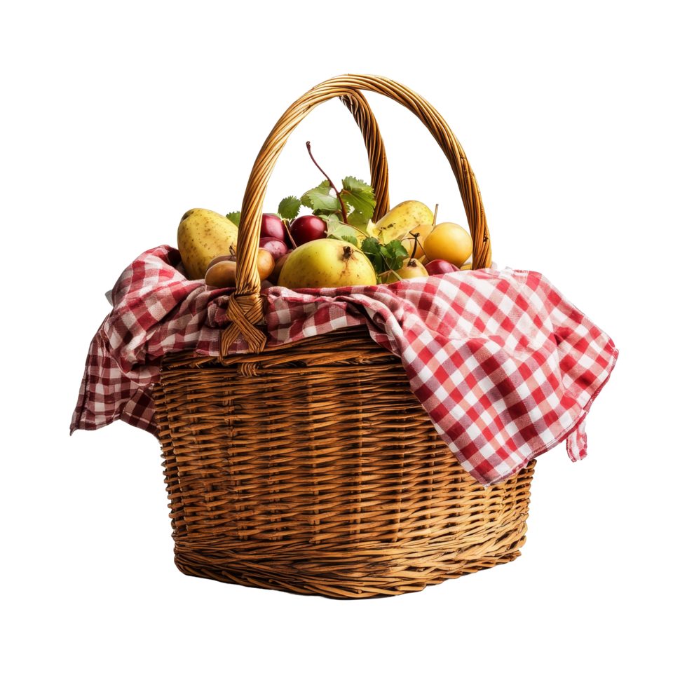 A rustic picnic basket filled with fresh fruits and a checkered cloth against a transparent background, Picnic basket isolated on transparent background png