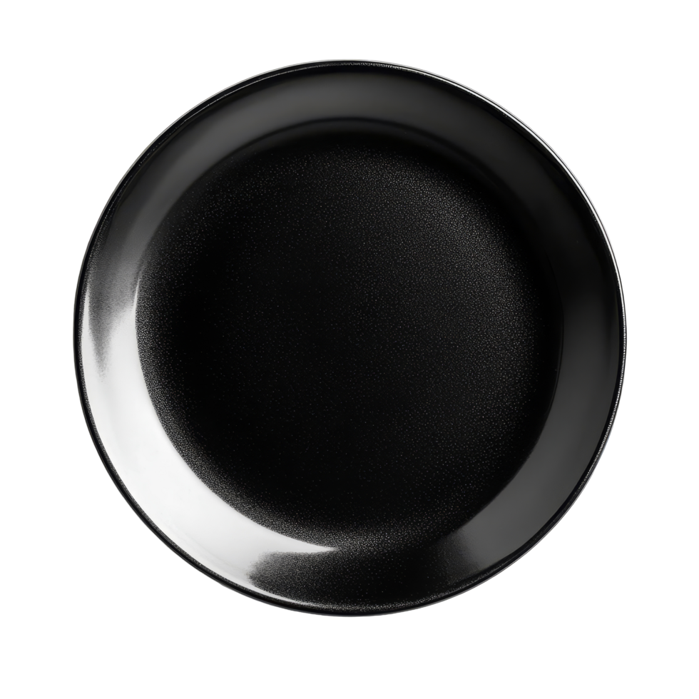 A simple black plate isolated on a transparent background showcasing its elegant design and texture, black plate isolated on transparent background png