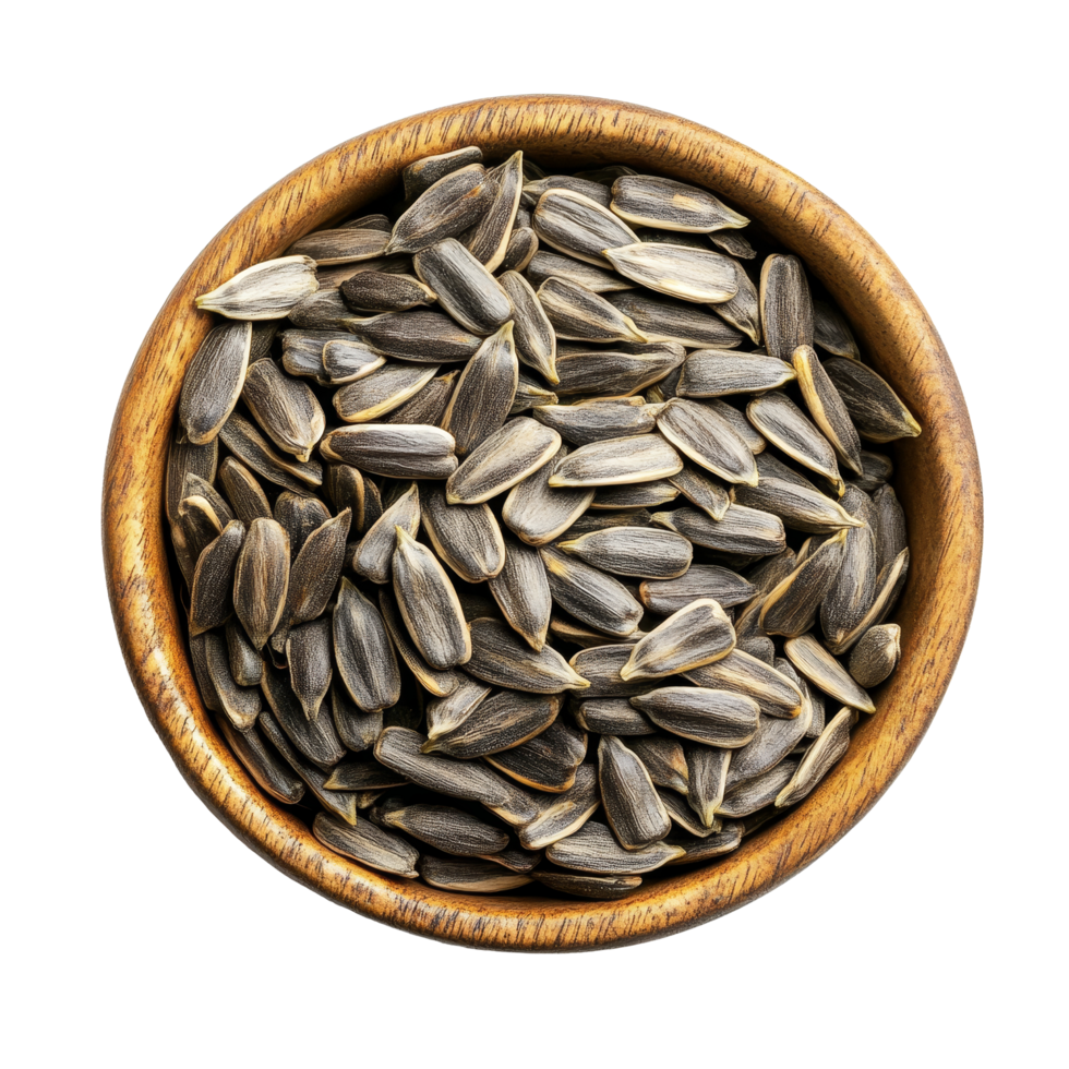 A wooden bowl filled with sunflower seeds on a bright transparent background perfect for snacking or decorating, Sunflower seeds in a bowl on a transparent background png