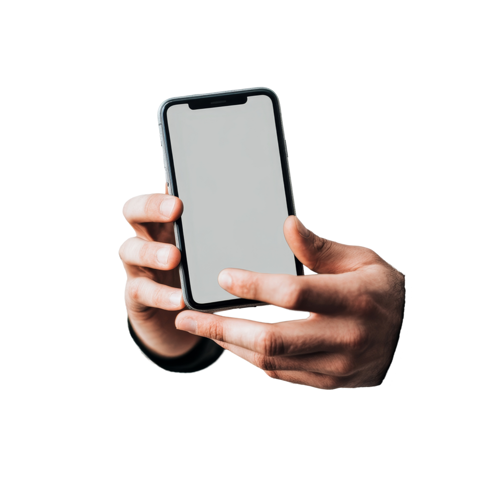 A man holding a smartphone in his hands against a transparent transparent background, a man using hand holding the smartphone on transparent backgroundfile png