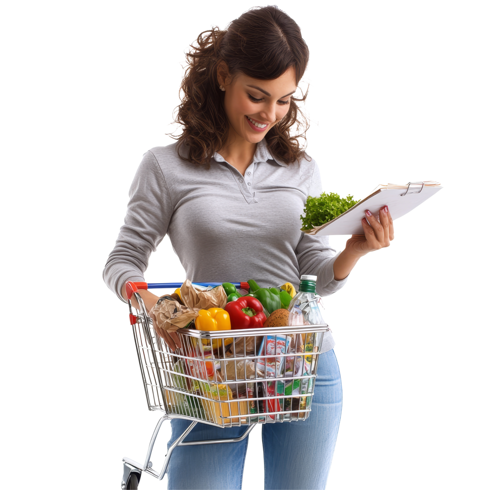 Woman happily checking her grocery list while pushing a shopping cart filled with fresh produce and essentials, file no background Woman with full shopping cart writing a list png
