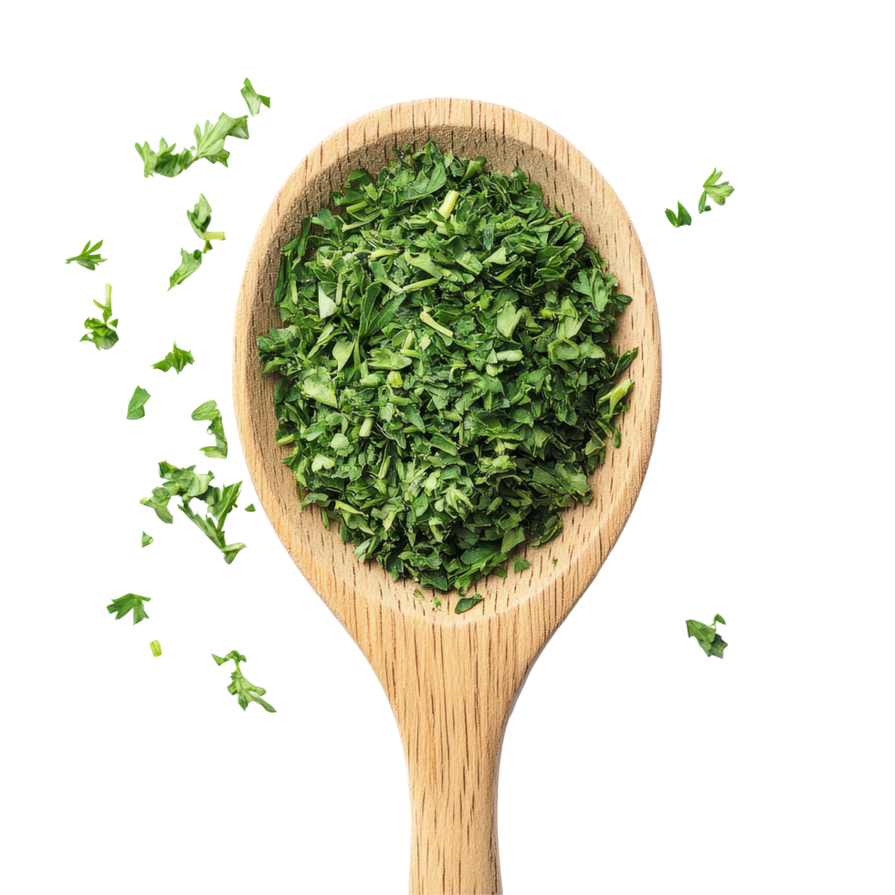 Dried chopped parsley in a wooden spoon on a transparent background showcasing culinary herbs and spices, Dried chopped parsley in wood spoon on transparent background png