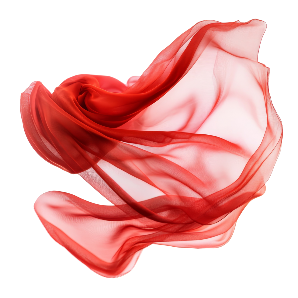 Red silk cloth gracefully fluttering in motion against a clean transparent background, Red Silk Cloth in Motion On transparent background png