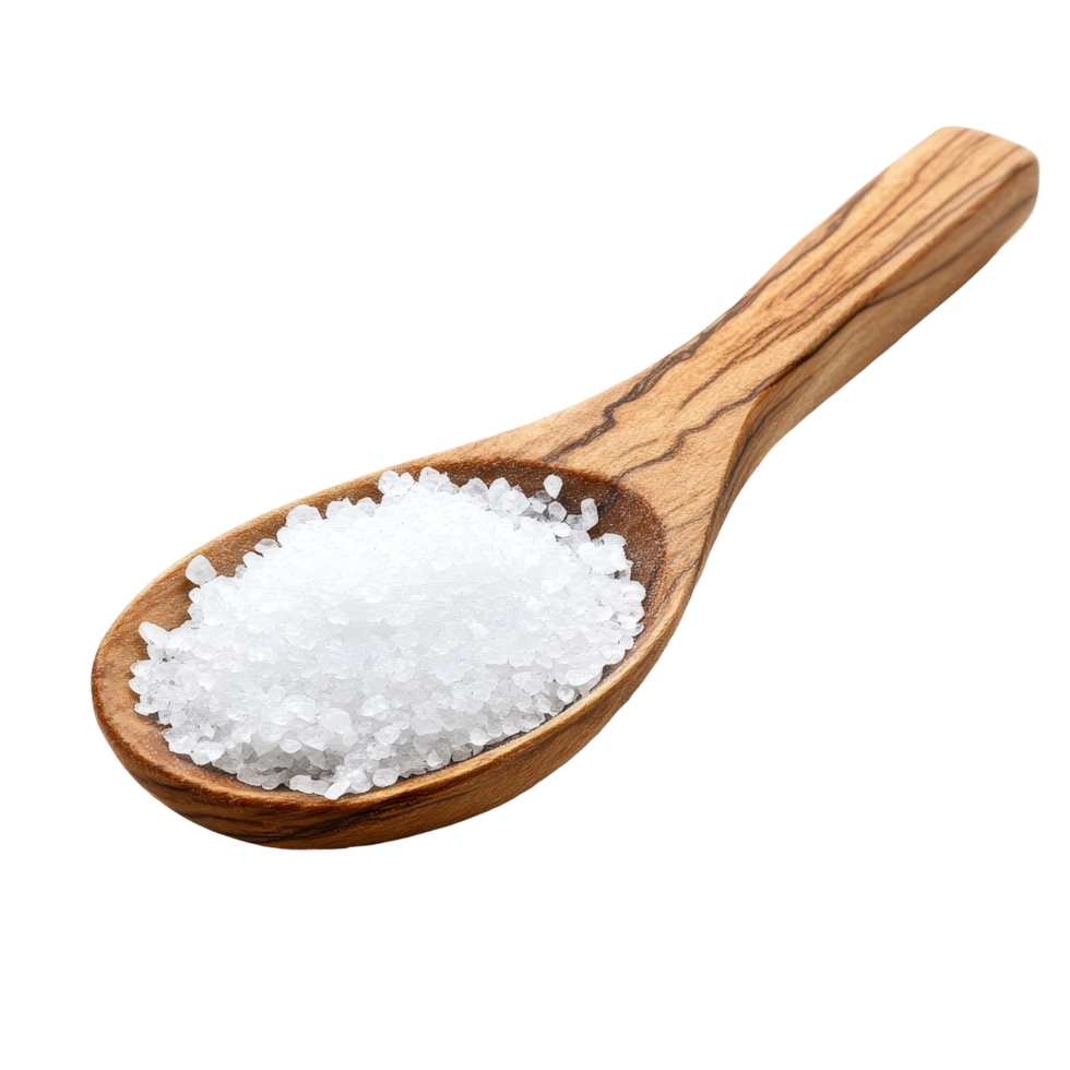 Fresh transparent salt in a wooden spoon on a clean transparent background for culinary uses and seasoning preparation, Salt in woodn spoon isolated on transparent background png