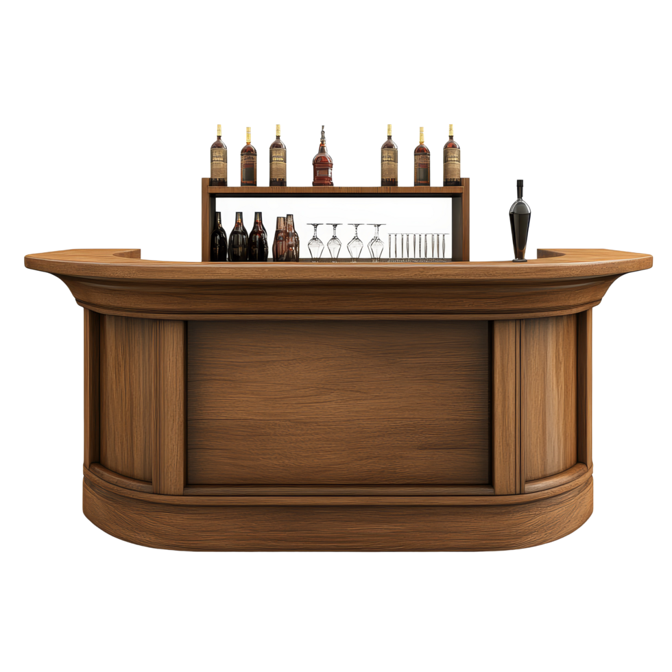 Stylish wooden bar counter featuring a variety of bottles on a transparent background for design purposes, Bar counter isolated on transparent background png