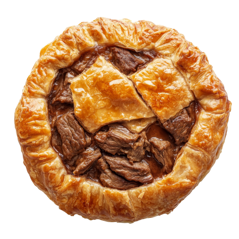 A delicious pie filled with tender beef viewed from above on a transparent background, pie filled beef top view isolated on transparent background png