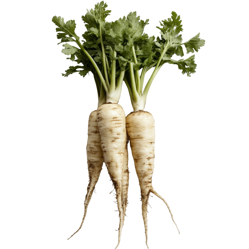 Fresh parsnip roots with vibrant green tops on a transparent background, Parsnip roots on transparent png