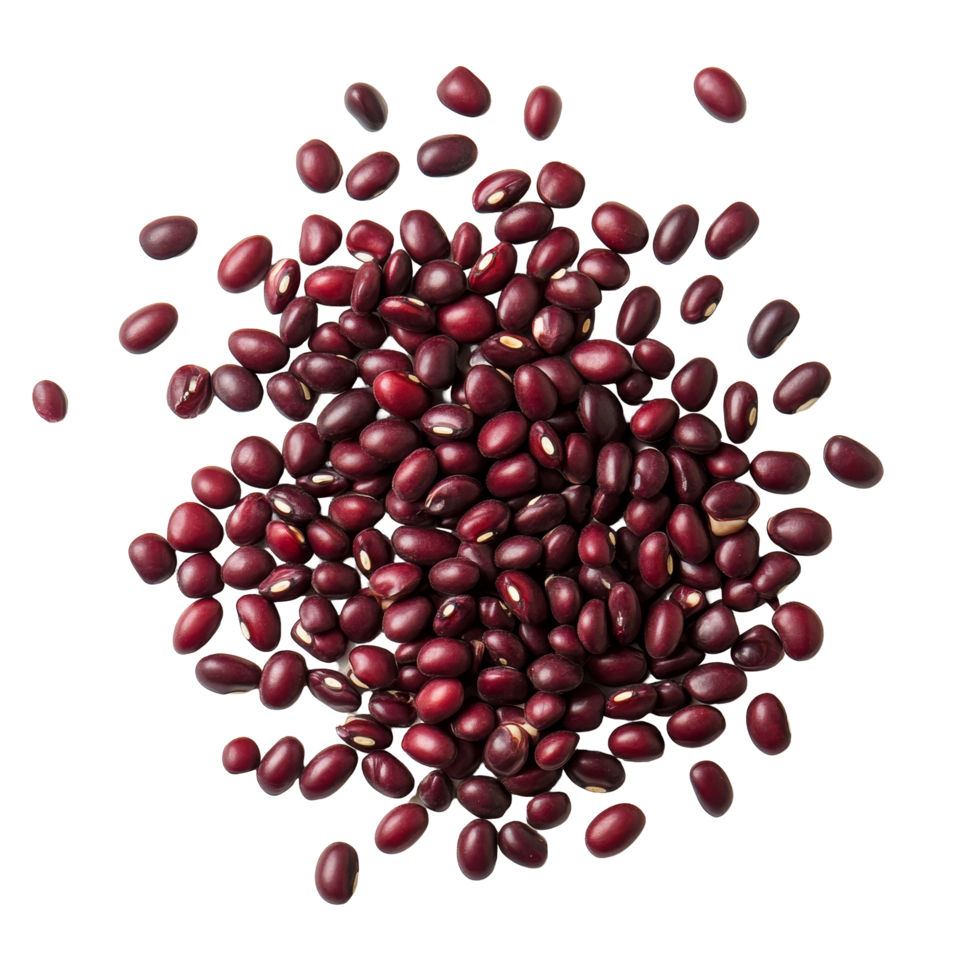 Bright red azuki beans scattered on a transparent background showcasing their natural color and shape, Azuki Bean or Red Bean Seeds Top View on transparent background png