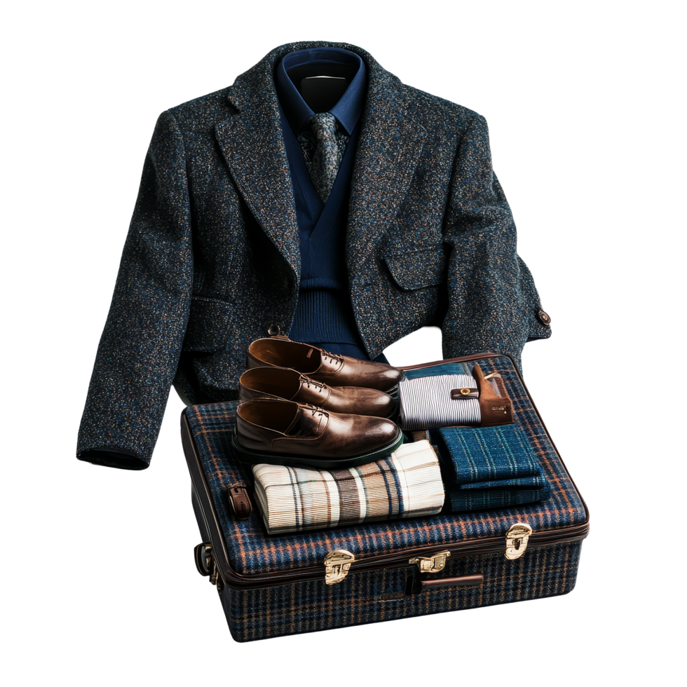 Travel suitcase with formal attire and accessories for a business trip on a clean transparent background, Travel suitace on transparent background png