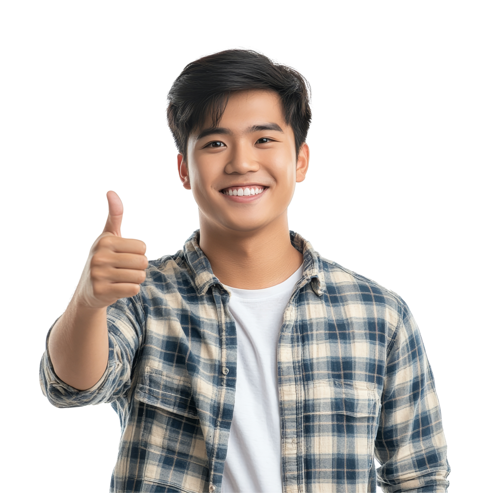 Young Asian man giving a thumbs up and smiling brightly indoors in a casual plaid shirt, Happy handsome young Asian man showing thumb up isolated transparent background png