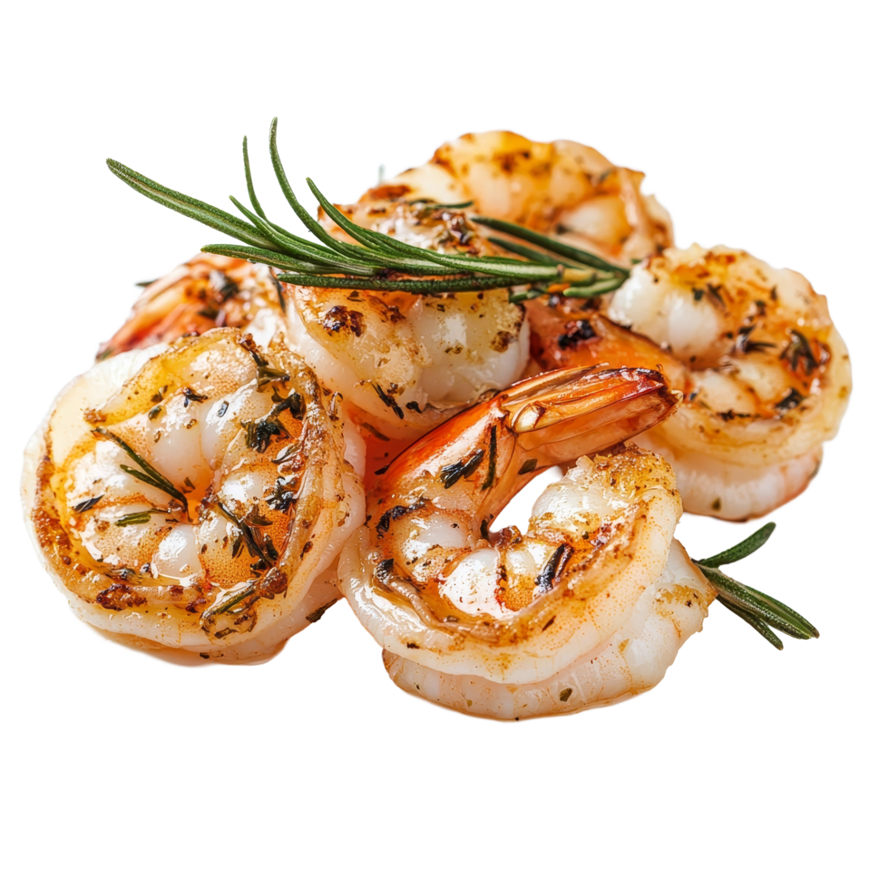 Juicy cooked shrimp garnished with fresh herbs on a clean transparent background showcasing their delicious appeal, Cooked shrimp isolated on transparent background png