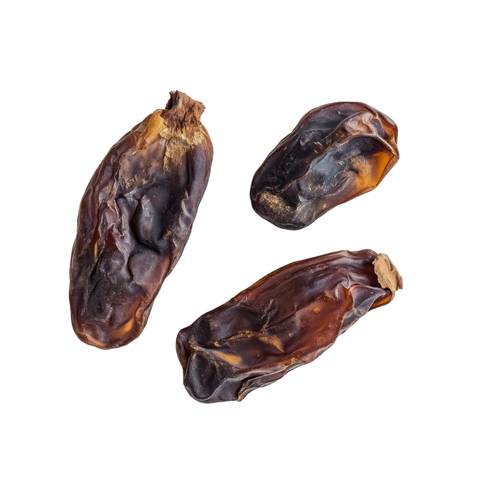 Dried dates displayed on a clean transparent background highlighting their texture and color variations, dried date on transparent background png