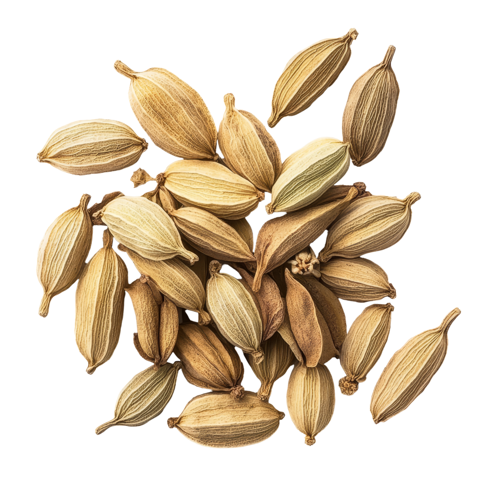 Top view of a collection of whole cardamom pods isolated on a clean transparent background, Top view of group of cardamom isolate on transparent background png