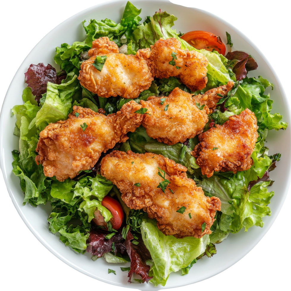 Fried chicken served on a fresh green salad with lettuce and cherry tomatoes for a healthy meal option, Portion of salad with lettuce and battered fried chicken png