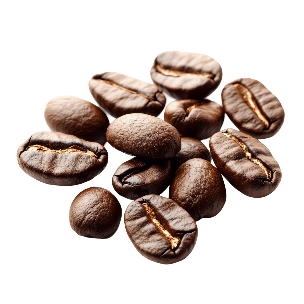 Fresh coffee beans scattered on a clean transparent background highlighting their rich texture and natural color, fresh coffee beans isolated on transparent background png