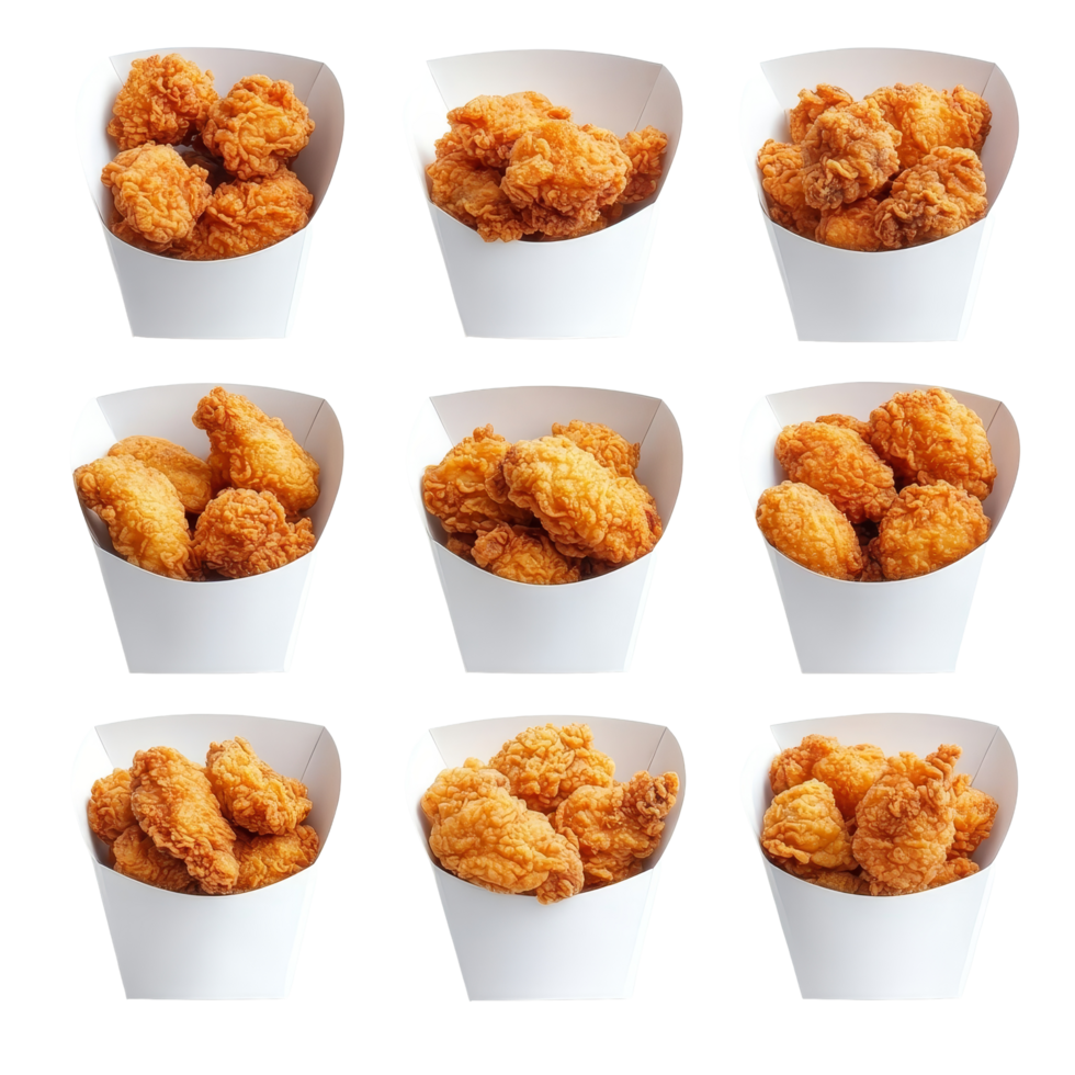 A delightful arrangement of crispy fried chicken pieces in transparent paper containers ready for sharing and enjoying, fried chicken in transparent paper box bucket isolated on transparent background png