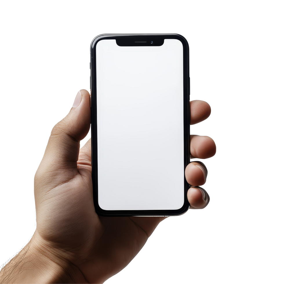Person holding a smartphone with a blank screen, preparing for work, isolated against a transparent background, Phone in hand to work on a smartphone with opening speech ntransparent backgroundfile png