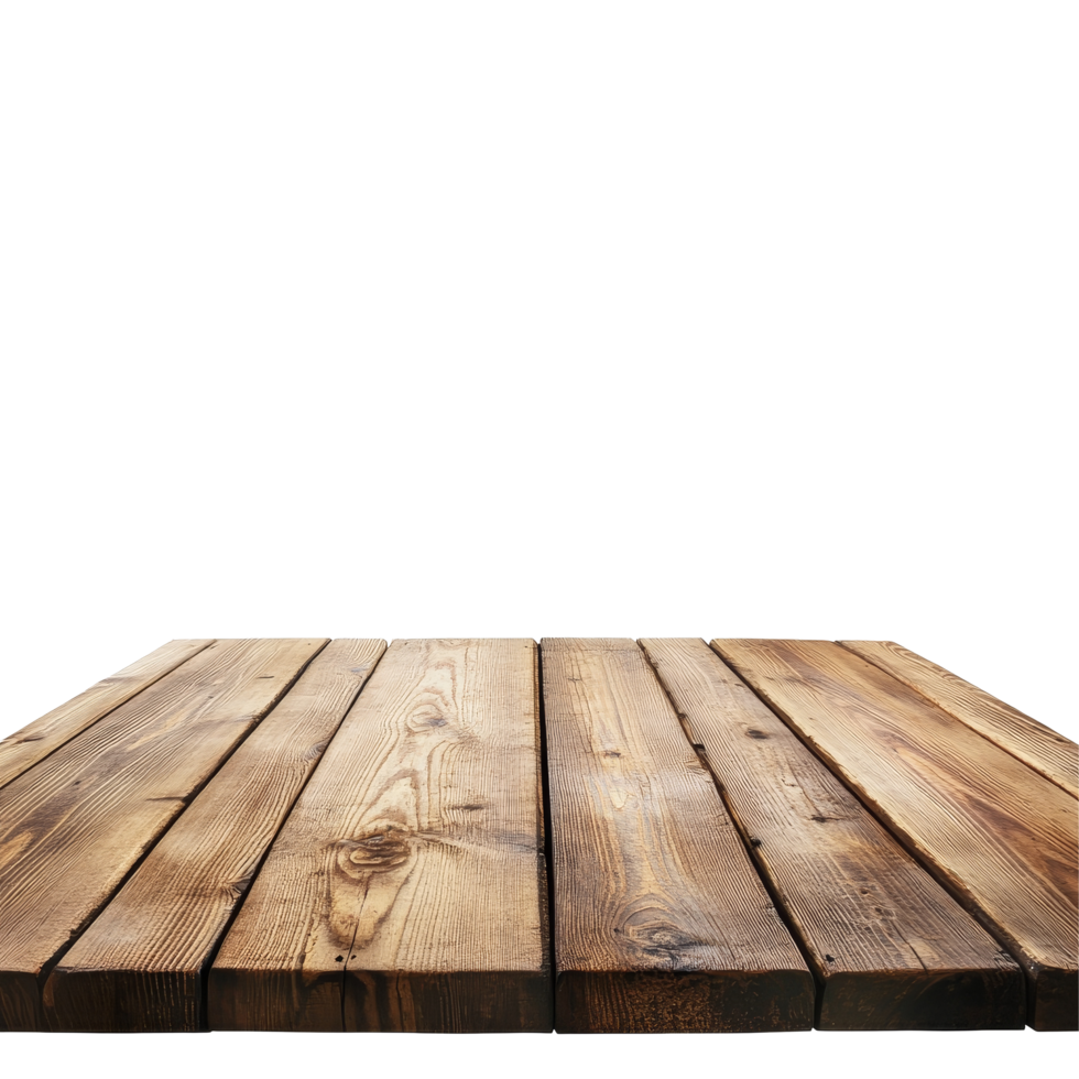 Empty brown wooden tabletop isolated against a transparent background for display and presentation needs, Brown empty wooden table top isolated on transparent backgroundfile png