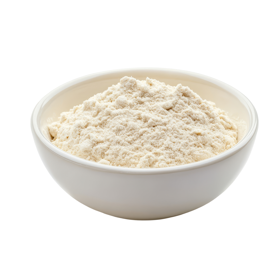 Whey protein powder in a bowl on a clean transparent background for healthy nutrition and fitness routines, whey protein in a bowl on transparent background png