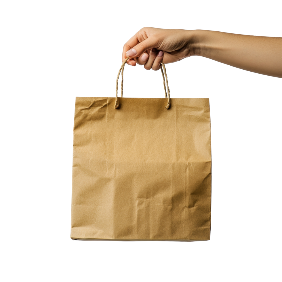 A hand holds a brown paper bag with twine handles against a bright transparent background, hand holding a brown paper bag on transparent backgroundfile png