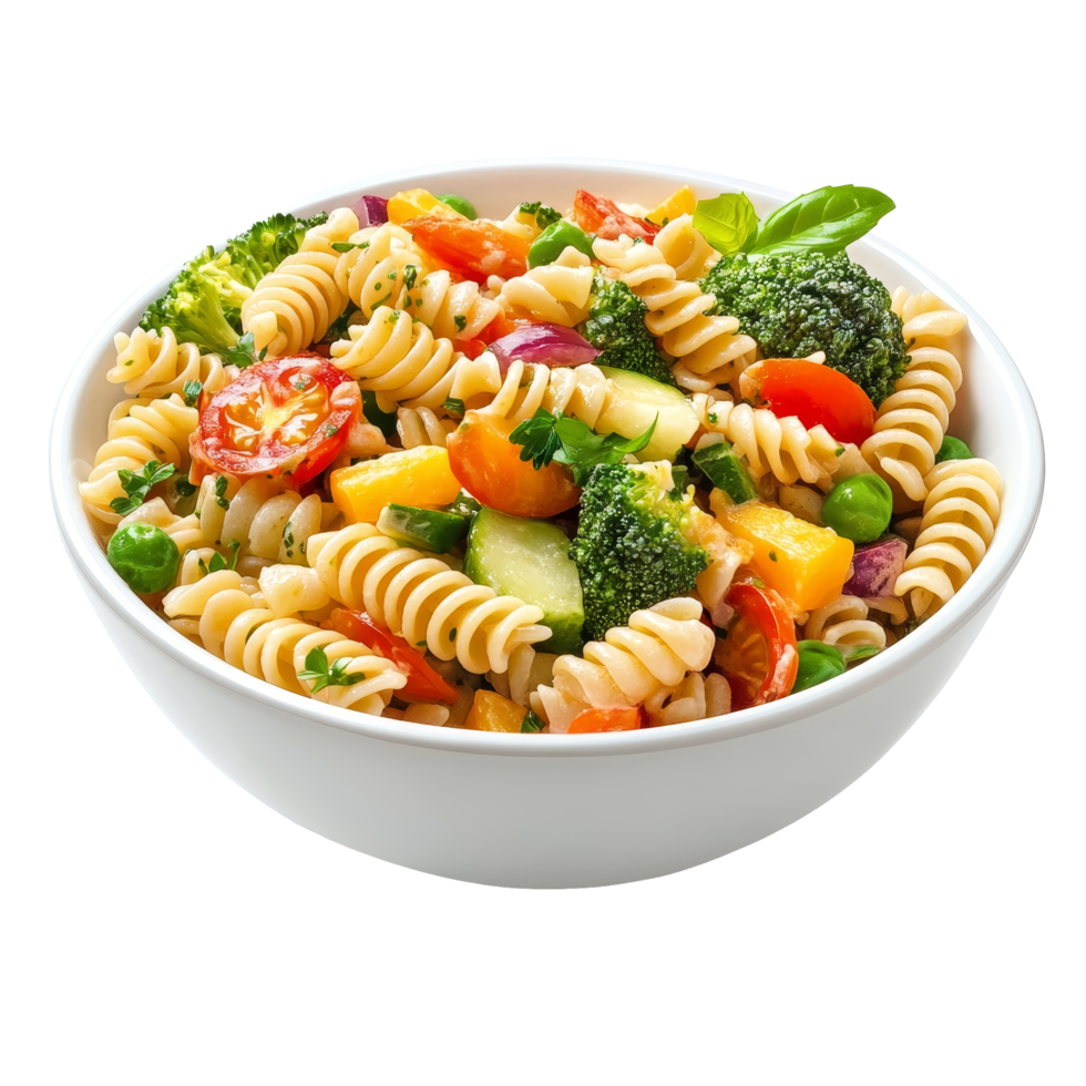 Delicious bowl of pasta with mixed vegetables served on a transparent transparent background, Bowl of Pasta with Mixed Vegetables Isolated on transparent background png