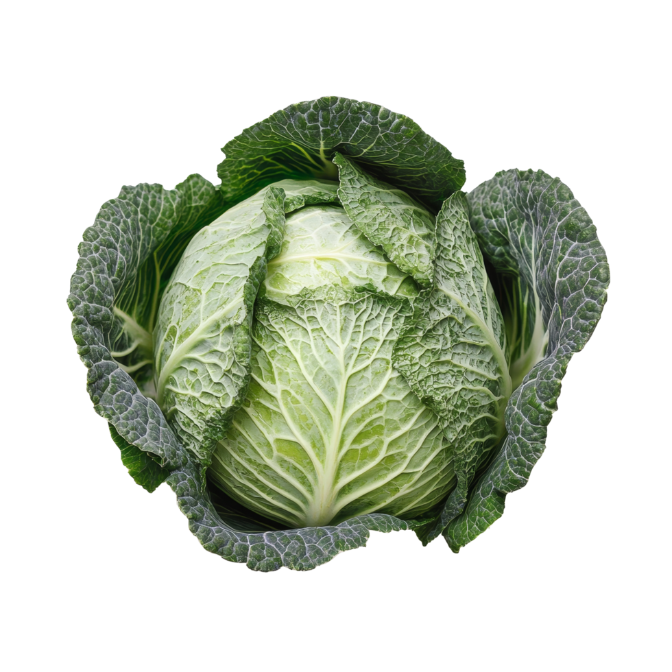 Fresh green cabbage on a transparent background showcasing its crisp leaves and vibrant color in natural light, Cabbage vegetable food ingridient transparent background png