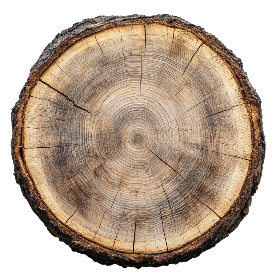 A detailed view of a crosscut tree log showcasing its intricate striped texture and natural patterns, Crosscut of a tree log with striped texture on transparent backgroundfile png