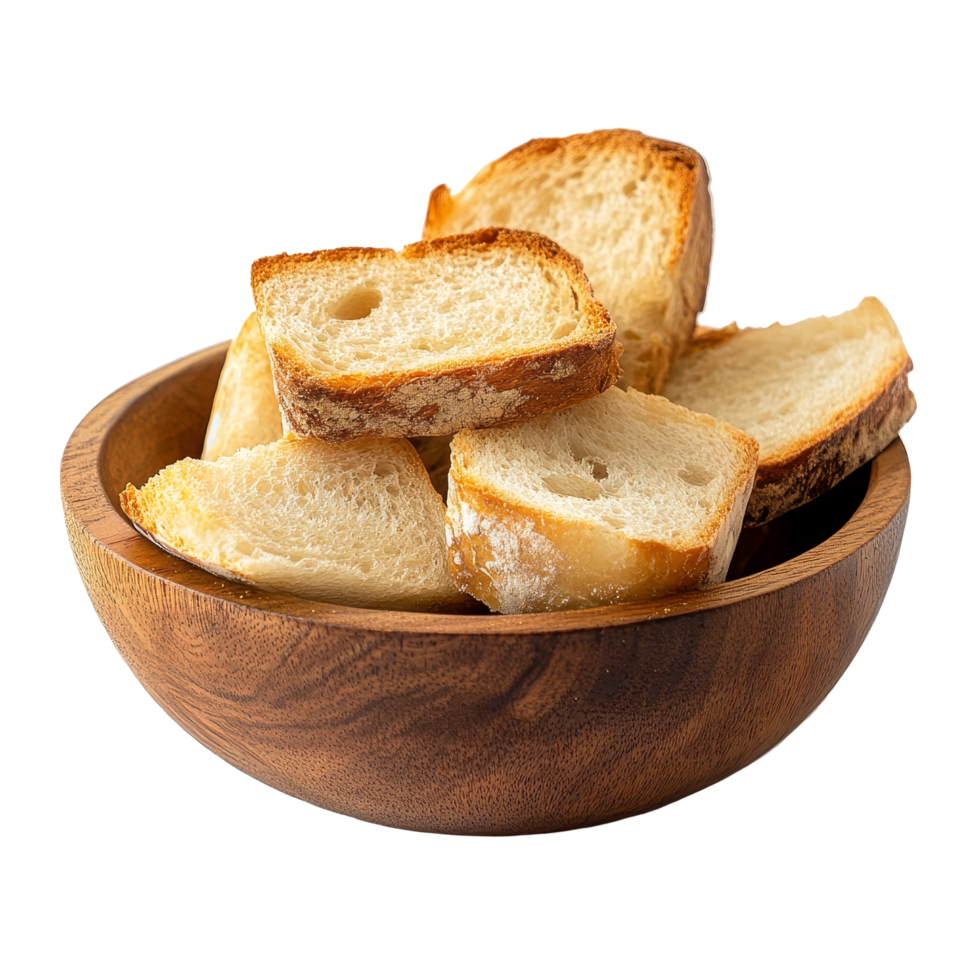 Crispy bread slices in a wooden bowl placed against a clean transparent background, perfect for snacking or serving at meals, Crispy Bread in wood bowl on transparent background png