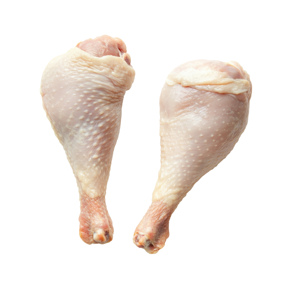Two fresh raw chicken legs isolated on a transparent background ready for cooking or meal preparation, Isolated two fresh raw chicken legs png