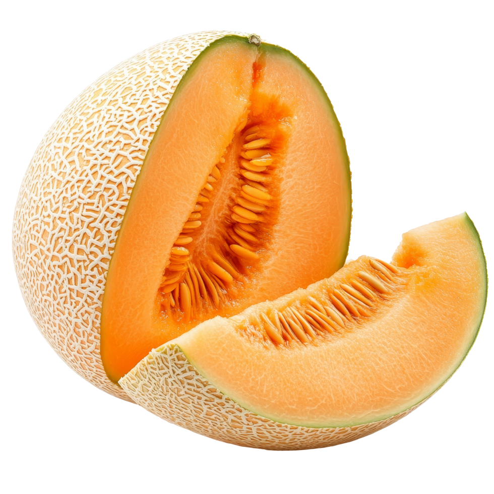 Juicy orange cantaloupe with seeds cut in half on a transparent background ready to enjoy during summer, orange melon or cantaloupe with seeds isolated on transparent background png