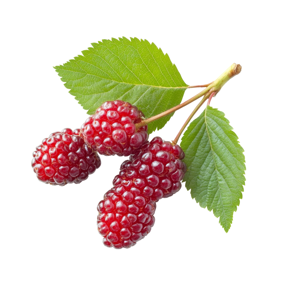 Fresh mulberry berries with green leaves isolated on a transparent background for culinary and nutritional purposes, Mulberry berry isolated on transparent background png