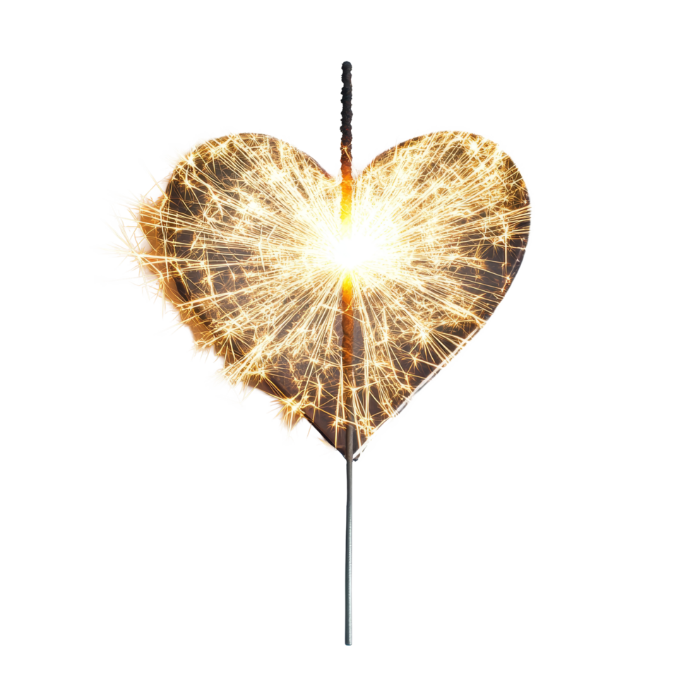 Heartshaped sparkler glowing brightly against a plain transparent background for festive celebrations and romantic occasions, Heartshaped Sparkler on transparent background, file png