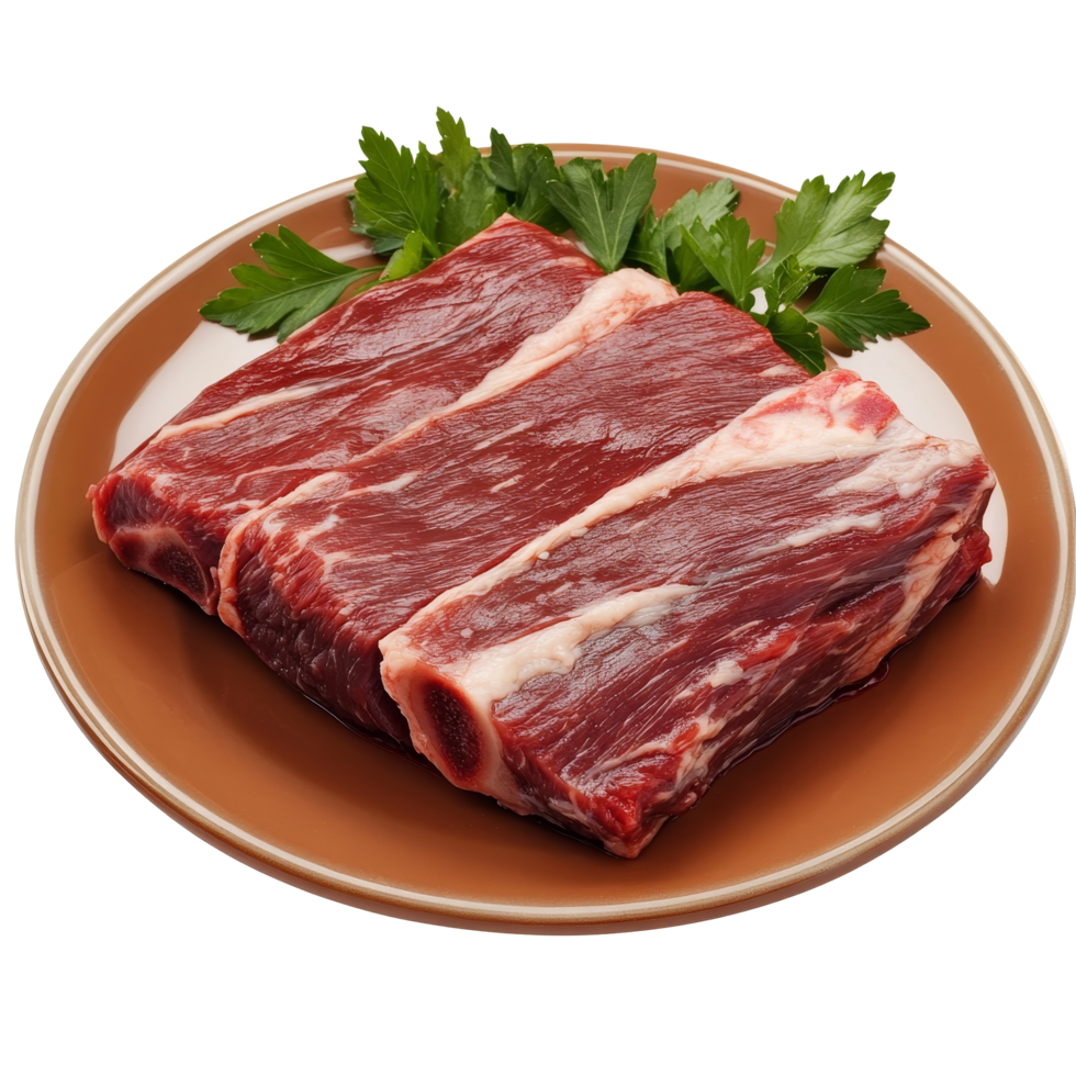 Raw beef brisket cut on a plate garnished with fresh parsley arranged in a kitchen setting for culinary use, Isolated raw beef brisket png