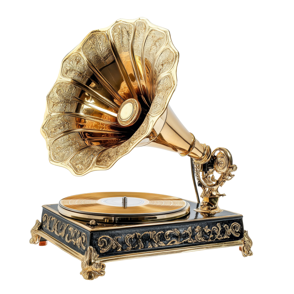 Classic golden gramophone featuring intricate design sits gracefully against a clean transparent background, showcasing timeless musical elegance, Classic Golden Gramophone on transparent background png